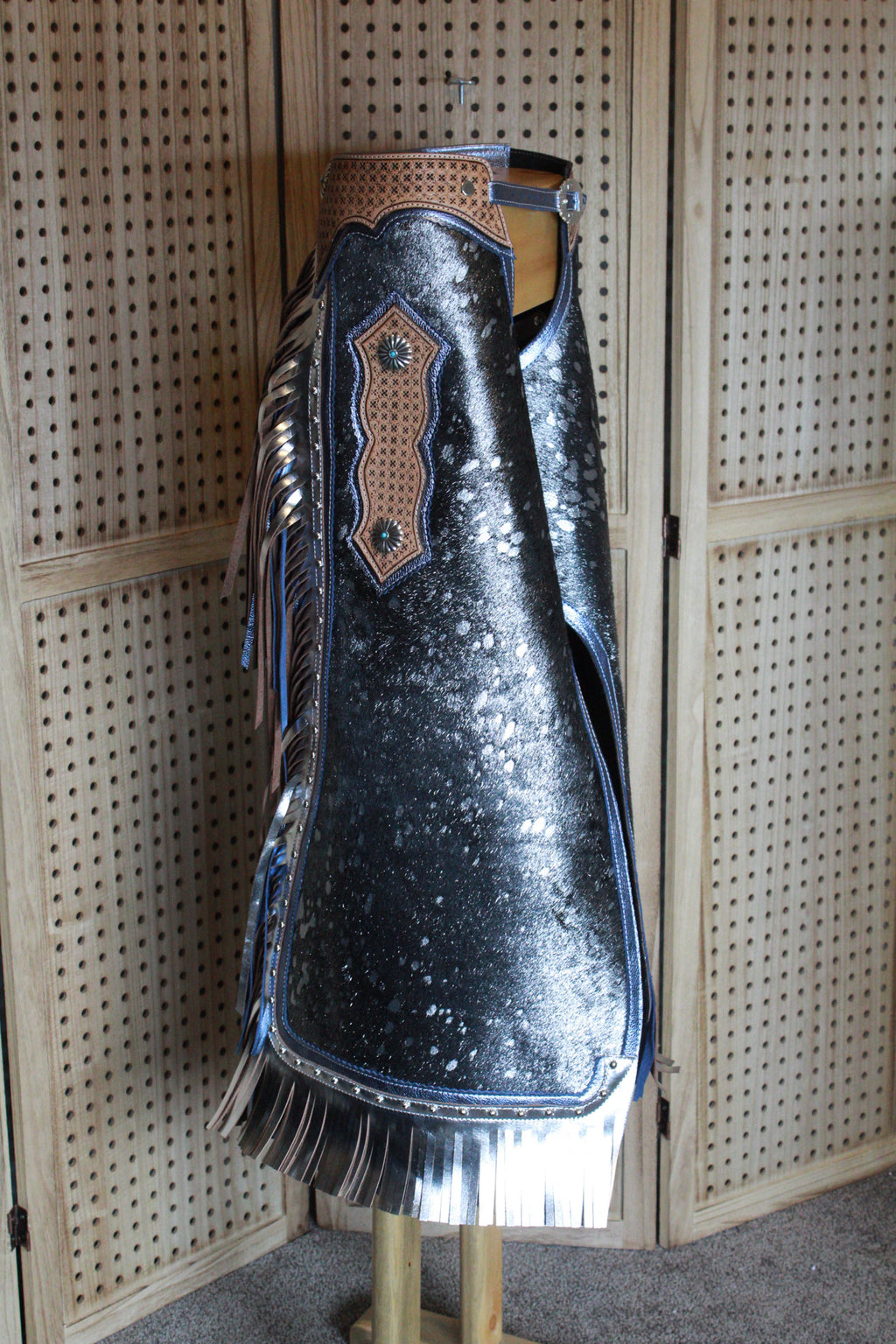 Blue and silver queen chaps